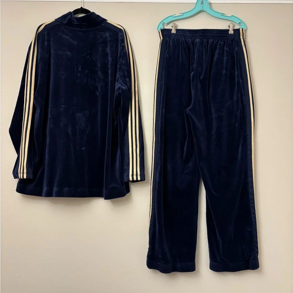 adidas Navy Velour Tracksuit with Cream Stripes